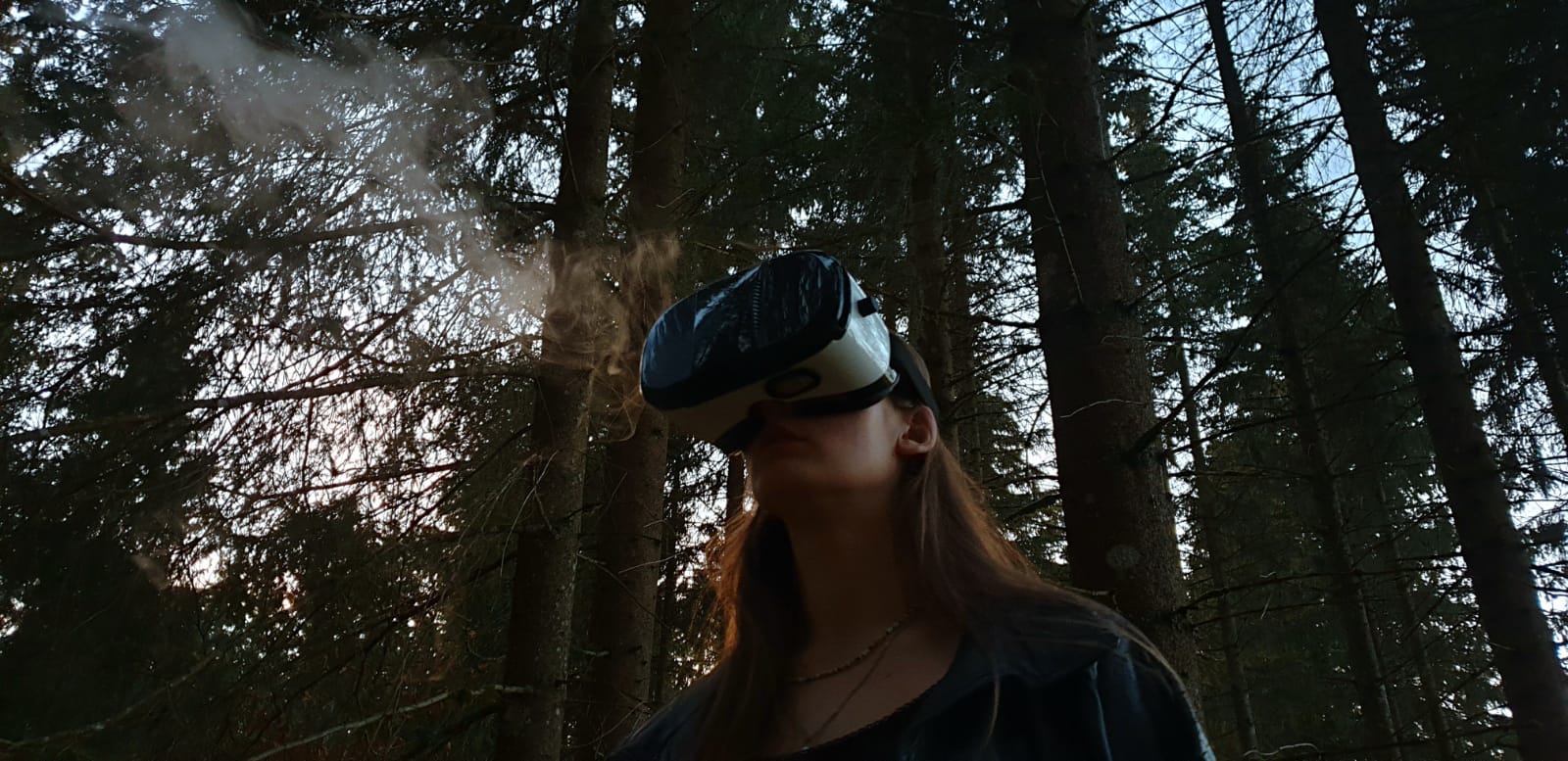 Personne utilisant un masque VR en forêt